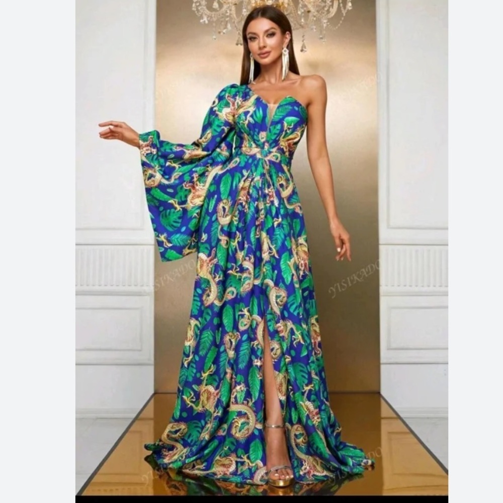 New Giffniseti Dragon Shoulder Bridesmaid Maxi Dress Gown Kimono Blue Orange - Picture 3 of 15